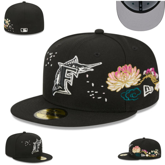 Miami Marlins Floral Embroidered Black Fitted Cap with Iconic Logo